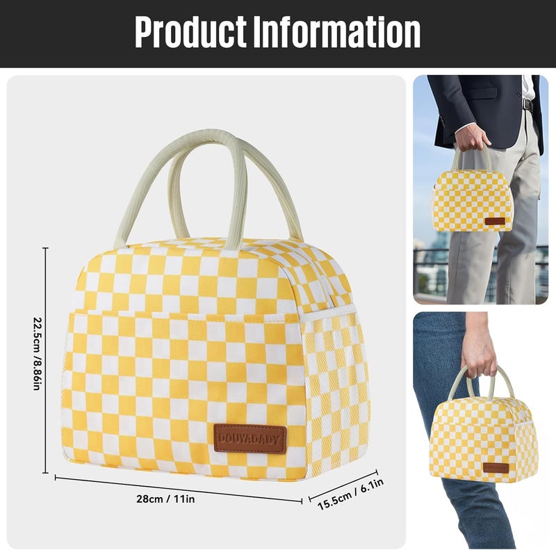 douyadady Lunch Bag Women/Men Lunch Box Women/Men (Yellow+White Checkerboard) - Image 2